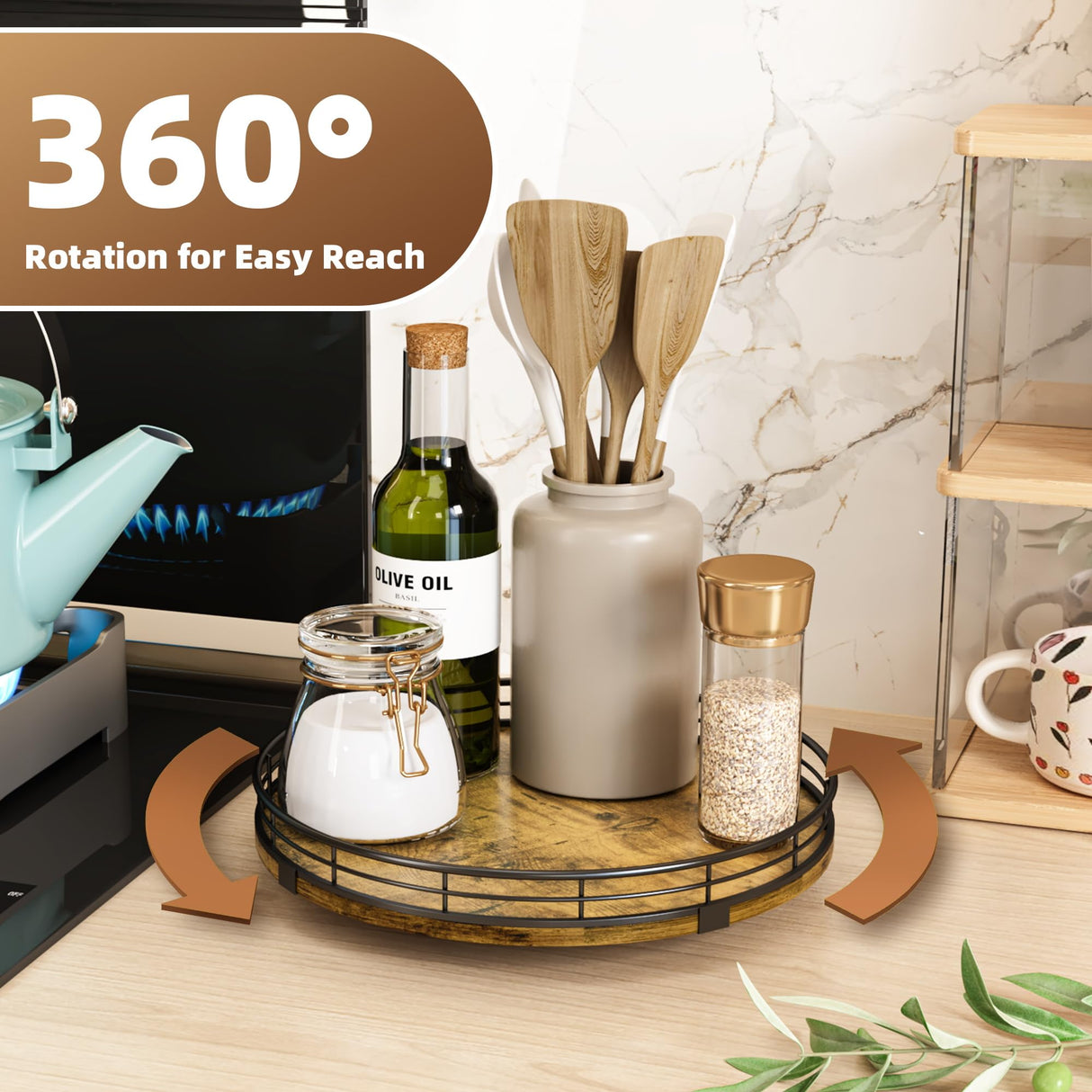 HGF Farmhouse 10" Lazy Susan Turntable Organizer for Table Top, Round Wooden Lazy Susan for Cabinet Kitchen Decor Centerpieces Coffee Table, Storage Condiments Spices, Bathroom Vanity Tray for Soap HGF