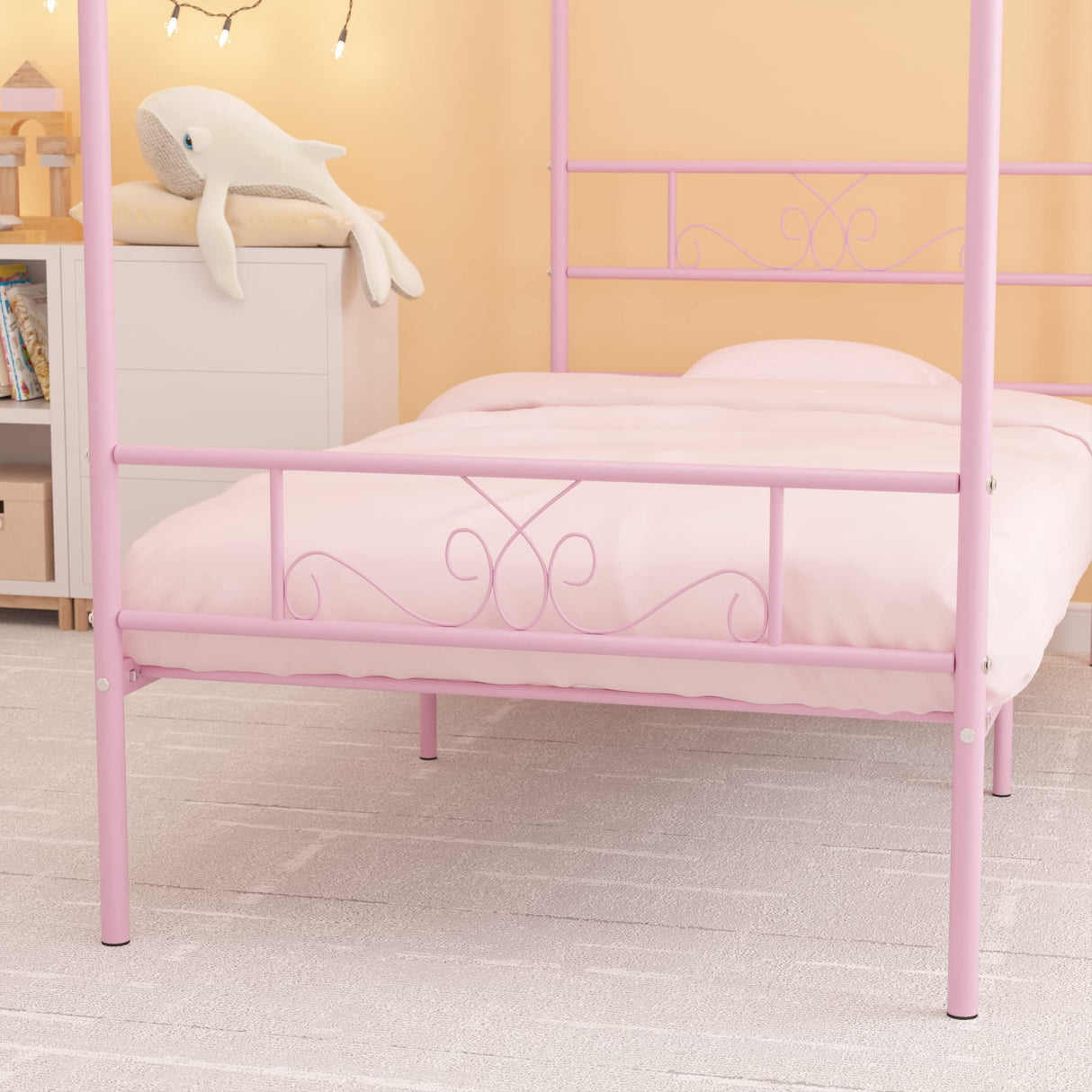 Weehom Twin Canopy Bed Frame with Headboard and Footboard, 4 Posters Metal Bed Frame, No Box Spring Needed, Mattress Foundation Platform Bed for Kids and Adults, Pink Weehom