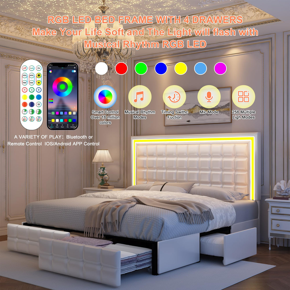 GEGOFORU LED Upholstered King Bed Frame with Adjustable Headboard and 4 Drawers in PU White GEGOFORU