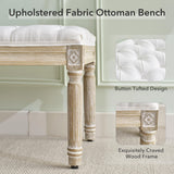 LOULENS French Vintage Bench, Linen Fabric Entryway Bench, Upholstered Tufted End of Bed Bench with Brushed Wood Legs, White LOULENS