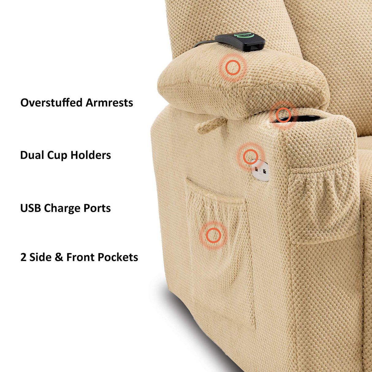 MCombo Zero Gravity Power Recliner Chair with Heat and Vibration Massage, Reclining Chair with USB & Type C Ports, Cup Holders for Living Room, Fabric 8015 (Beige) MCombo