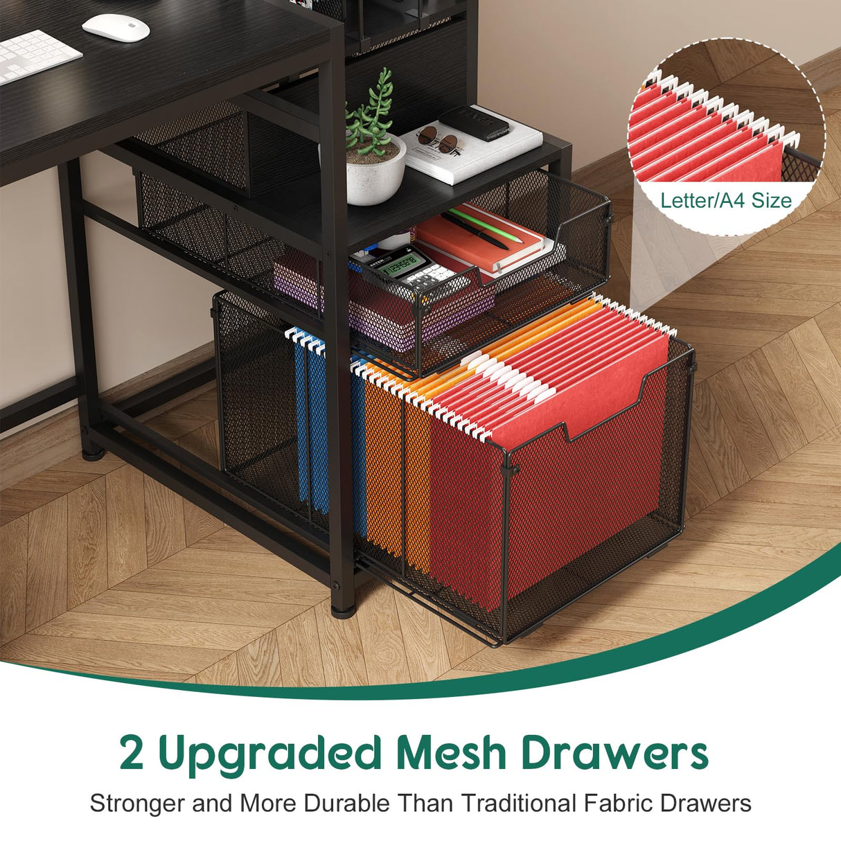 Sbanmao Computer Desk with Drawers and Storage Shelves, 47 Inch Home Office Desks with Mesh File Drawers Cabinet for Small Space,Gaming Study Writing Table for Bedroom,Black Sbanmao