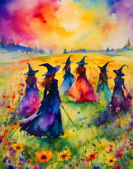 Springbok's Witches Gathering 500 Piece Puzzle for Adults is a Watercolor Image of Witches Gathering in a Blossoming Field Springbok