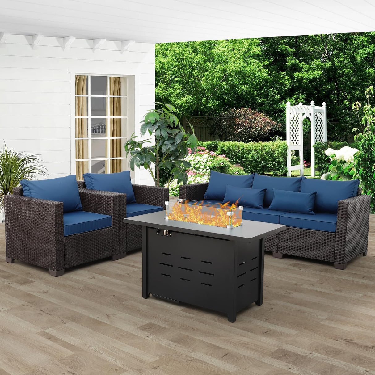 4 Piece Patio Furniture Set 45 Inches Fire Pit Table Outdoor Furniture Sets Patio Couch Outdoor Chairs 50000 BTU Propane Fire Pit with Non-Slip Cushions and Waterproof Covers, Navy Blue Rattan Star