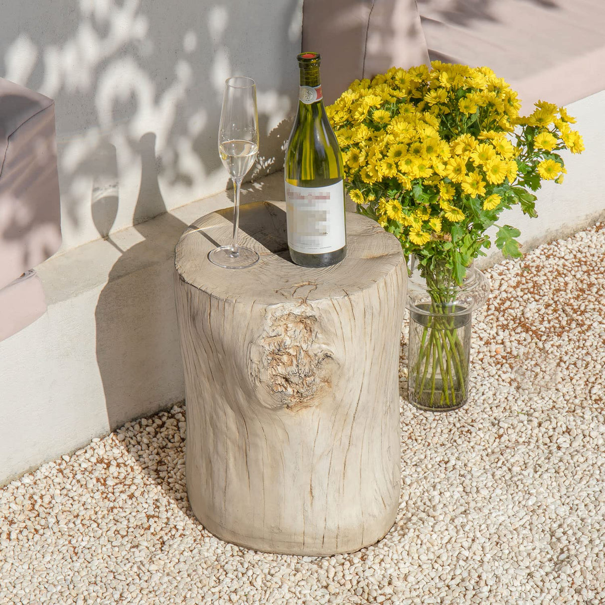 COSIEST Outdoor Antique Beige Side Table Faux Wood, Hand-Painted Wood Stump Stool, Ottomans, Plant Stand, Deck or Garden COSIEST