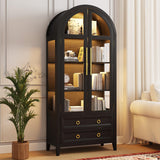 LVSOMT 71" Tall Arched Storage Cabinet with Glass Doors and Drawers, Curio Display Cabinet with Adjustable LED Light & Human Sensor, 4-Tier China Cabinet for Living Room(Black) LVSOMT