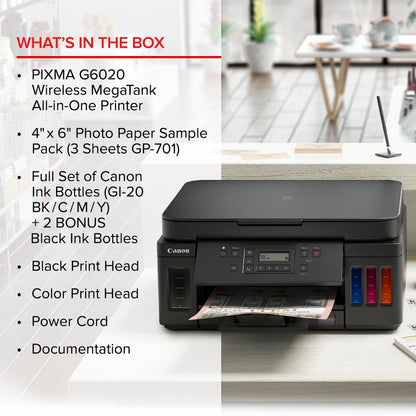 Canon PIXMA G6020 All-in-One Supertank Wireless (Megatank) Printer, Copier and Scan with Mobile Printing, Black, Works with Alexa