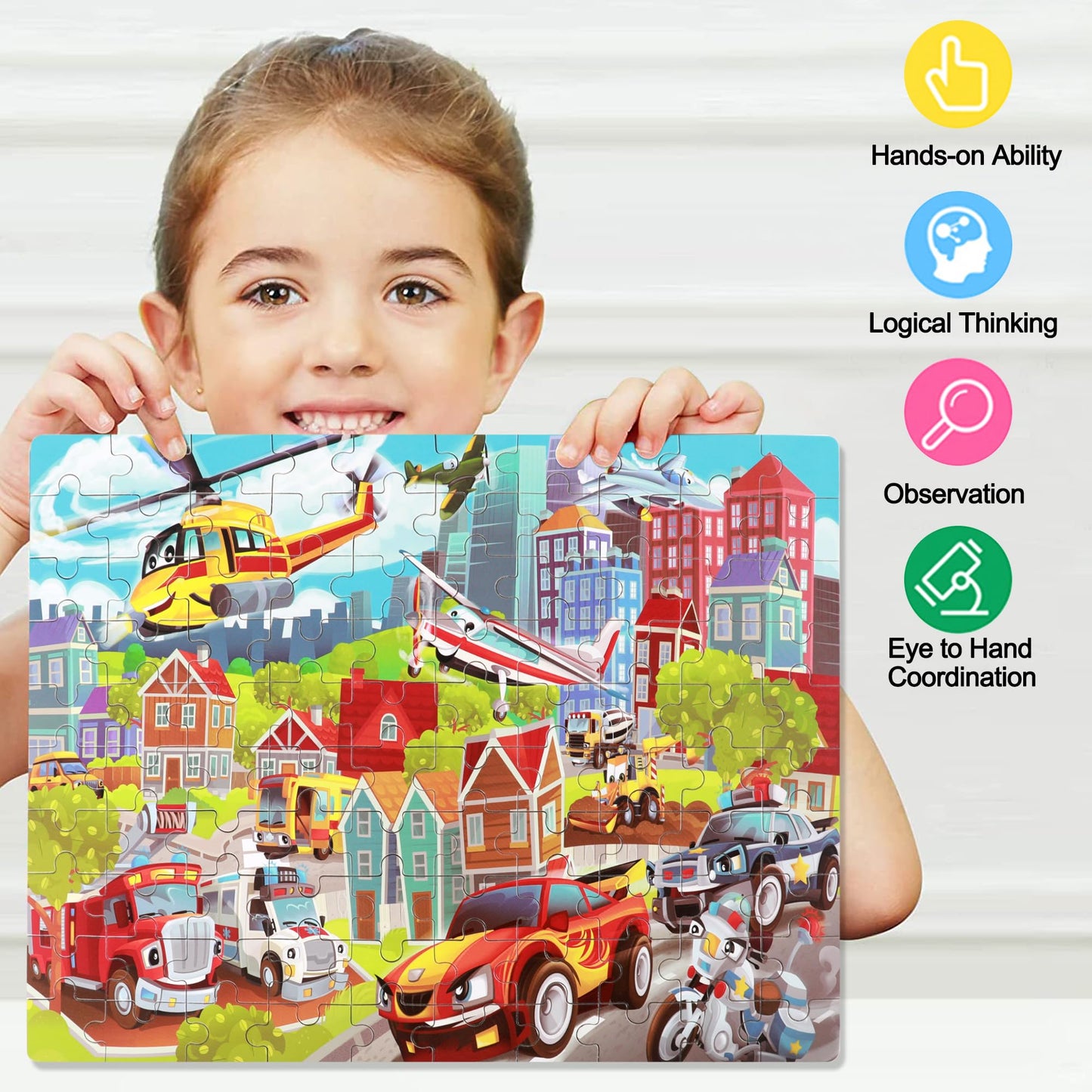 LELEMON Puzzles for Kids Ages 4-8 Vehicles Jigsaw Puzzles in a Metal Box for Kids Boys Girls 100 Pieces Fire Truck Ambulance Police Car Helicopter Aircraft Learning Educational Puzzles