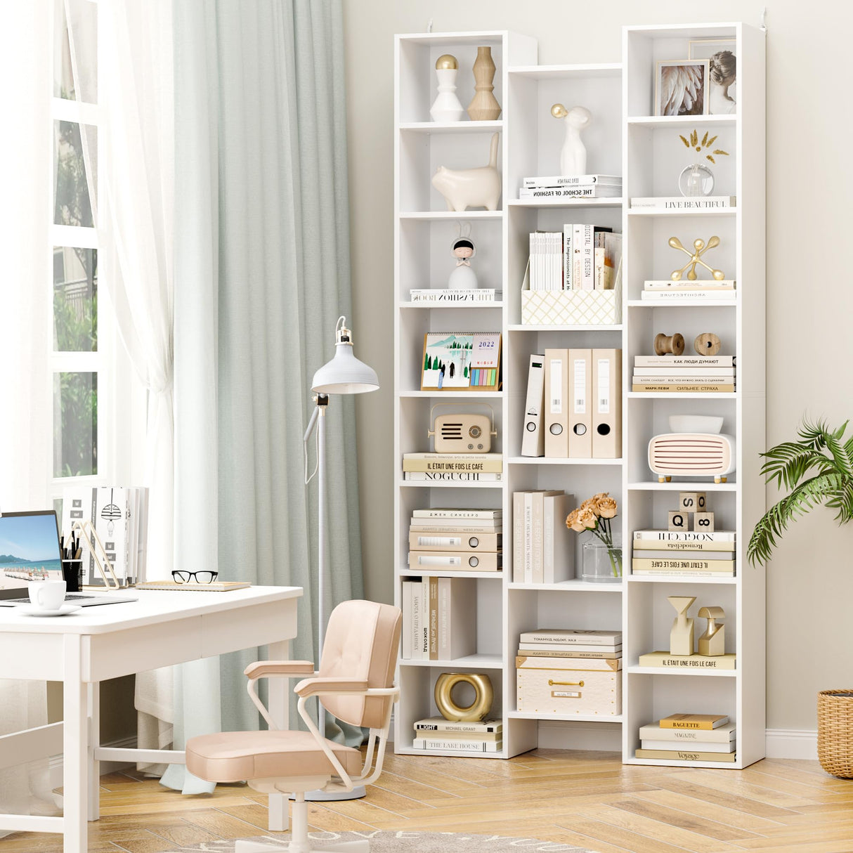 FOTOSOK Triple Wide 8 Tier Media Storage Tower Rack, 71’’ Large CD DVD Storage Tower Rack with Adjustable Shelves, White Bookshelf Tall Narrow Bookshelf Storage Organizer Shelf for Home Office, White FOTOSOK