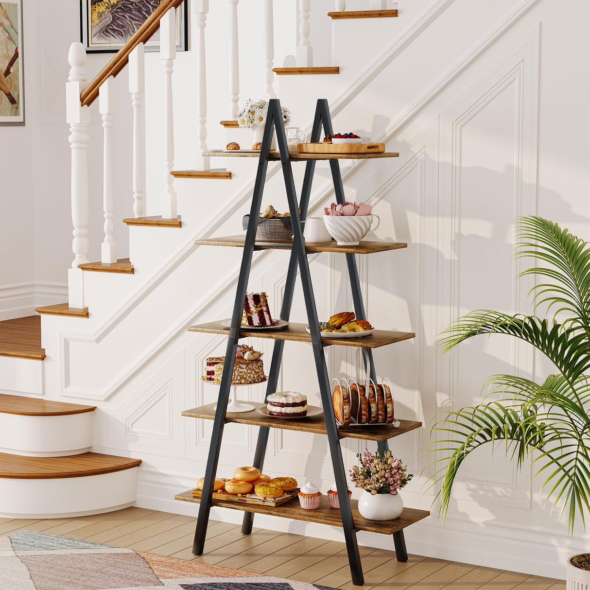 YOUDENOVA 5-Tier Ladder Bookshelf, Industrial A-Shaped Bookcase, Christmas Village Display Stand, Tall Ladder Shelf Storage Organizer for Living Room, Home Office, Black YOUDENOVA