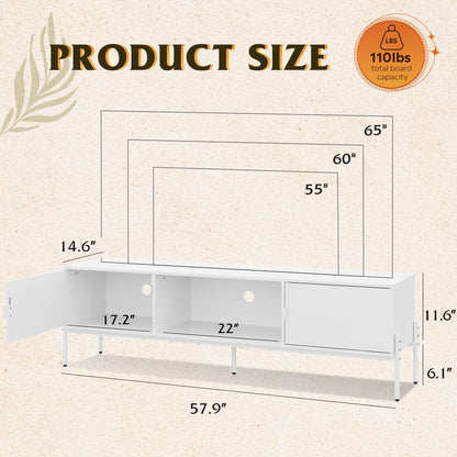 WLIVE Modern TV Stand for 65 Inch TV, Mid Century Entainment Center with Storage, TV Console with Open Shelf and 2 Cabinets for Bedroom and Living Room, TV Cabinet with Metal Legs, White