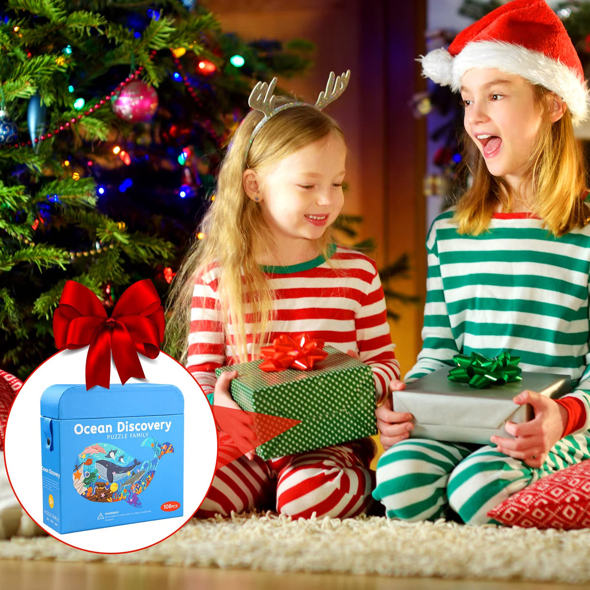 Jigsaw Puzzles for Kids Ages 4-8, 108 Pieces Whale Shaped Cardboard Puzzles for Animal Lovers, Sturdy Floor Puzzles Box and Poster, Educational Toys Gift for Boys Girls, 23.38 x 14.72 Inch AivaToba