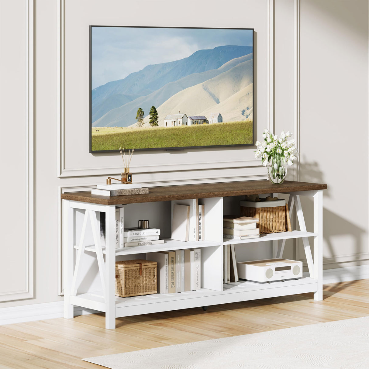 ChooChoo Farmhouse TV Stand for TVs up to 55 Inch, Modern Entertainment Center with 4 Open Shelves & Built-in Cable Holes, Media TV Console for Living Room, Bedroom, White ChooChoo