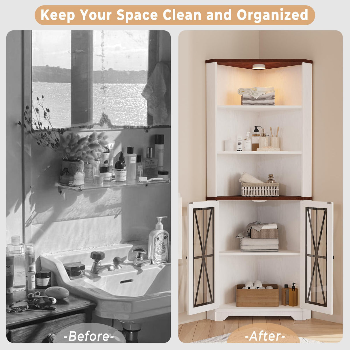 IRONCK 67" Tall Corner Bookcase with Magnetic Glass Doors,Wooden Corner Bookshelf with LED, Storage Cabinet for Home Office Living Room IRONCK