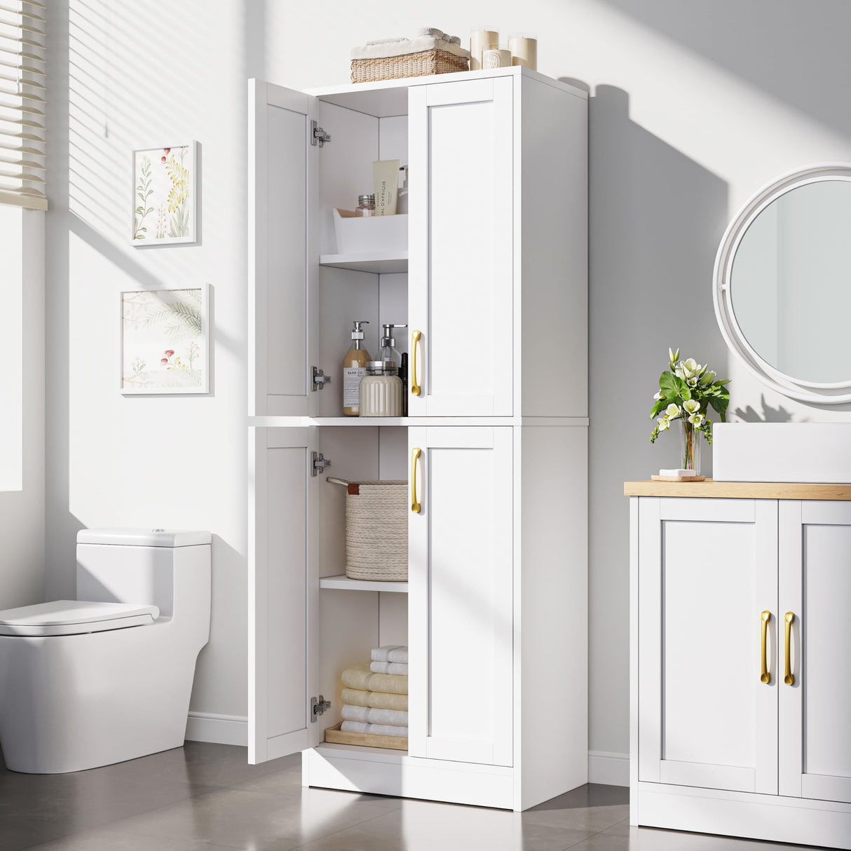 Homzbesy Pantry - Kitchen Pantry Cabinet with 4 Doors and Adjustable Shelves, Tall White Cabinet Freestanding Storage Cupboard for Dining Room Living Room, Laundry, Bathroom Homzbesy