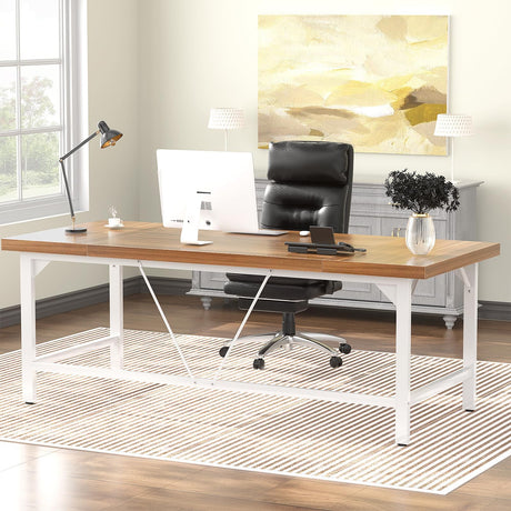 Unikito 70.8 Inch Extra Long Computer Desks, Heavy Duty Large Office Executive Desk, Sturdy 2 Person Desk, Premium Thick Study Writing Table Computer Table for Home Office Workstation, Rustic/White Unikito