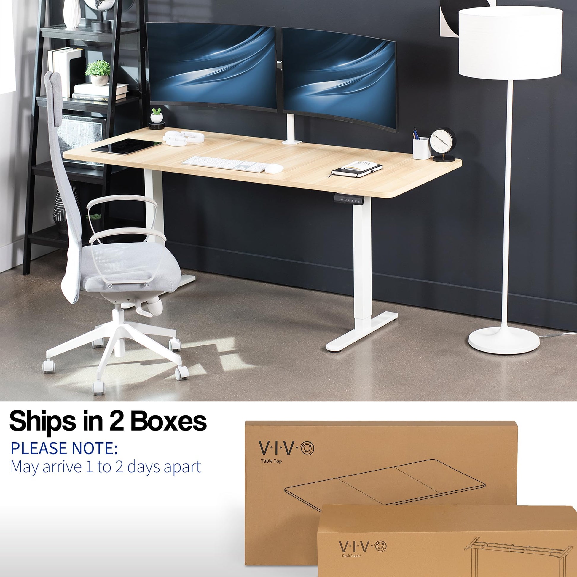 VIVO Electric Height Adjustable 71 x 30 inch Memory Stand Up Desk, Light Wood 30 inch Deep Table Top, White Dual Motor Frame, Preset Controller, E2B Series, DESK-KIT-E2W7C - WoodArtSupply