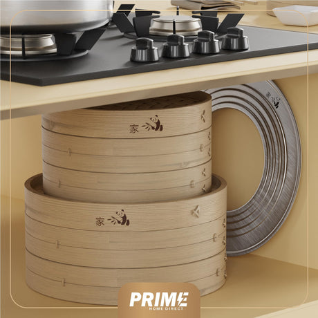Prime Home Direct Bamboo Steamer Basket 10-inch | 2-Tier Steamer for Cooking | 50 Liners, Chopsticks, Sauce Dish | Dumpling Steamer, Food Steamer Baskets for Cooking - Rice & Vegetable Steamer Pot Prime Home Direct