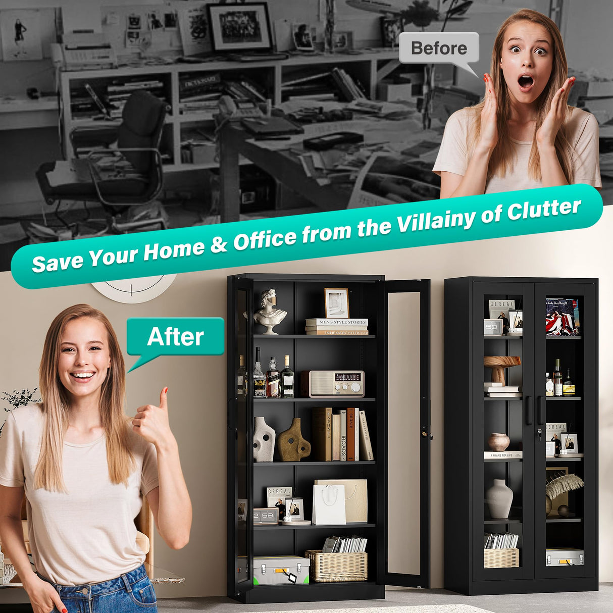 SISESOL Metal Storage Cabinet with Lock and Glass Doors,Glass Display Cabinet,67" Tall Black Storage Cabinets,Locking Curio Cabinets with 5 Shelves for Collectibles,Home,Office,Living Room SISESOL