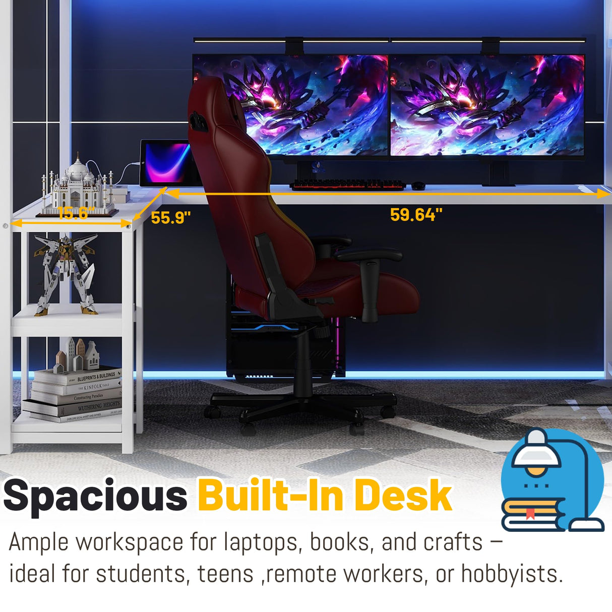 Queen Loft Bed with Stairs and Desk,Heavy Duty Metal Queen Size Loft Bed Frame for Adults with Wardrobe and Shelf, Gaming Bed with LED and USB for Teens Girls Boys,No Noise, White MoproBeti