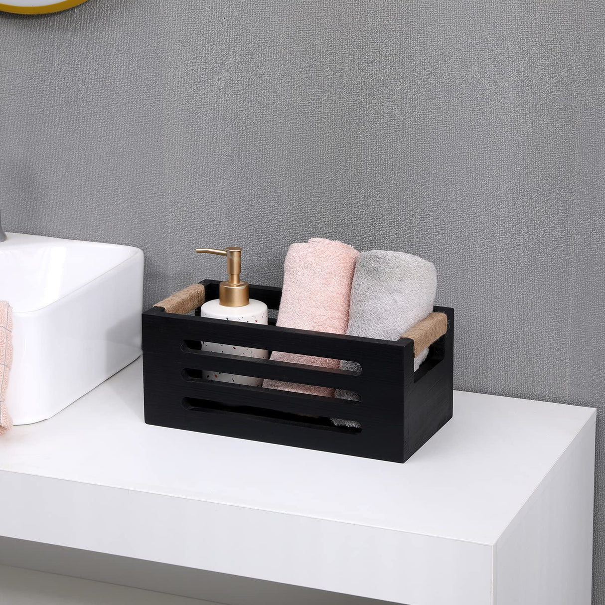 HXGONYI Bathroom Decor Box Toilet Tank Basket Toilet Paper Holder,Wood Bathroom Baskets with Handles,Farmhouse Rustic Wood Storage Box For Kitchen,Office,Bedroom,Closet 12 x 5.9 x4.9inch,Black HXGONYI