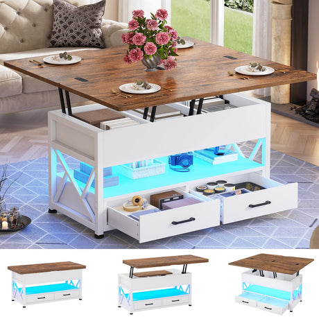 Itaar 40" Lift Top Coffee Table, 4 in 1 White Coffee Tables with Storage for Living Room, Small Coffee Table with 2 Drawers & LED Light for Dining Room, White and Rustic Brown Itaar