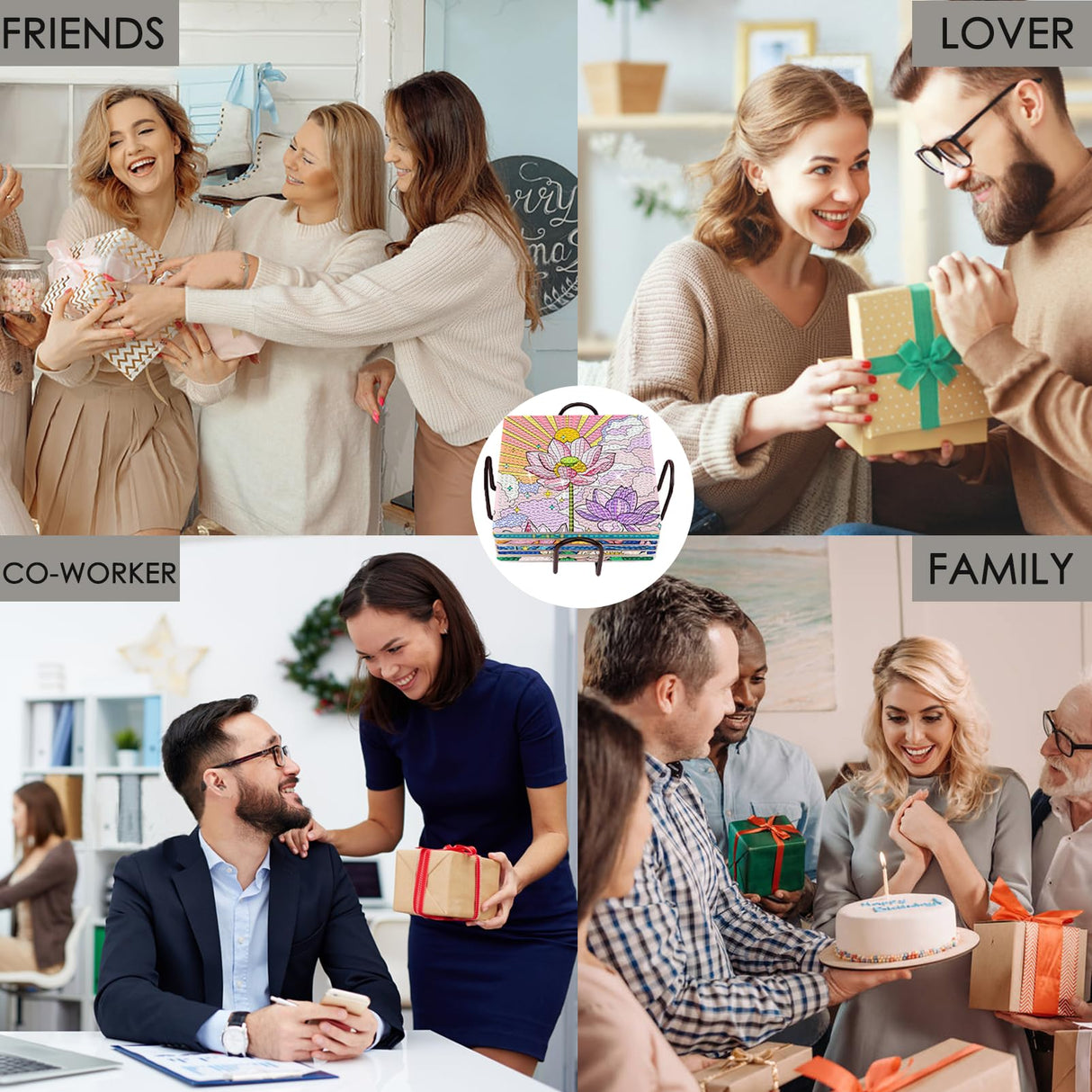 TDOOW Diamond Painting Coasters Kits, 8 Pcs Diamond Art Coasters with Holder, Crafts Kits for DIY Coasters, Diamond Art Kits for Adults-Square Lotus Pattern TDOOW