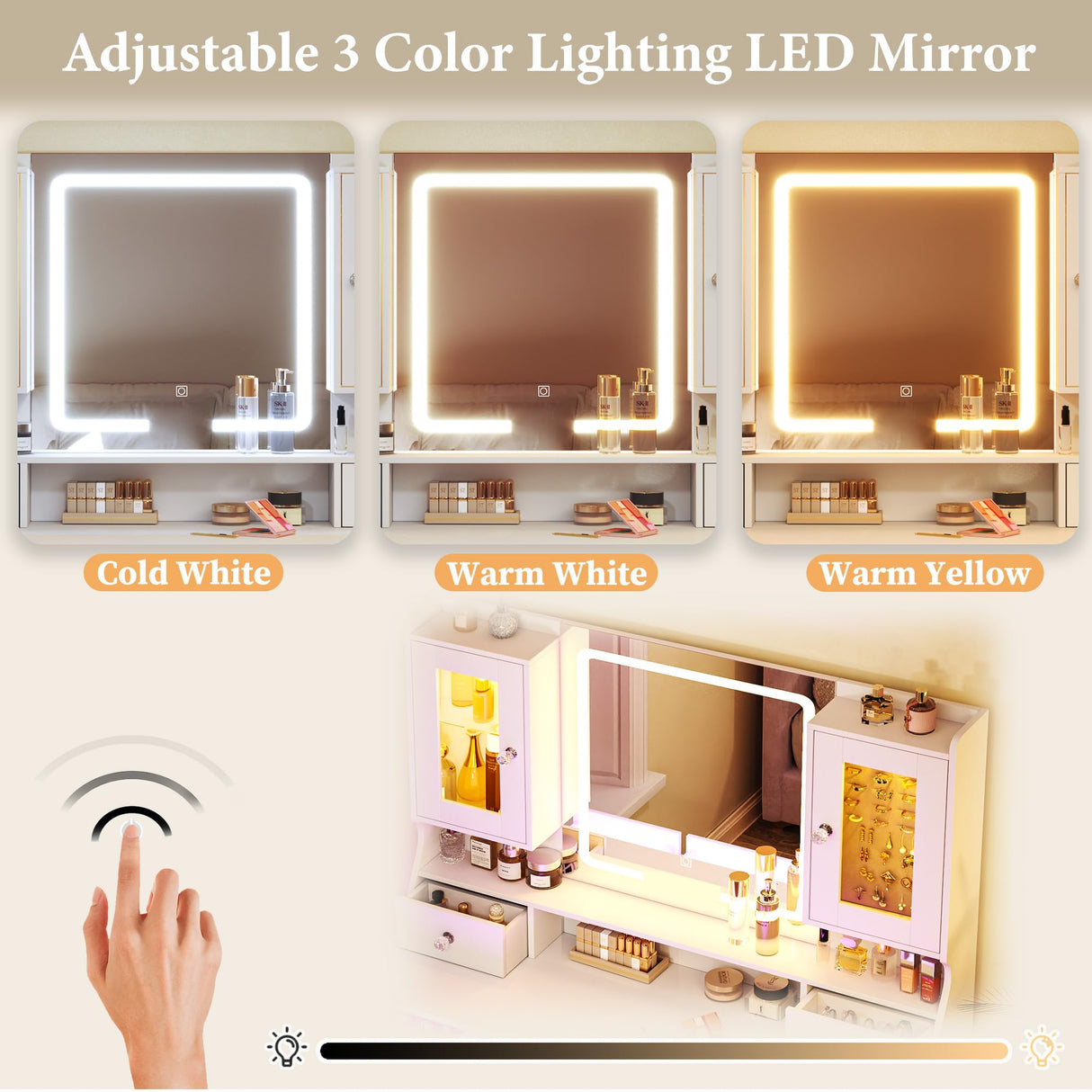 Vanity Desk with Mirror & Lights, 42‘’ Large Makeup Vanity with 2 RGB Jewelry Cabinets & 7 Drawers, White Vanity Table Set with Charging Station, Dressing Table with Lights Desk, 3 Light Modes ALEXNUTRE