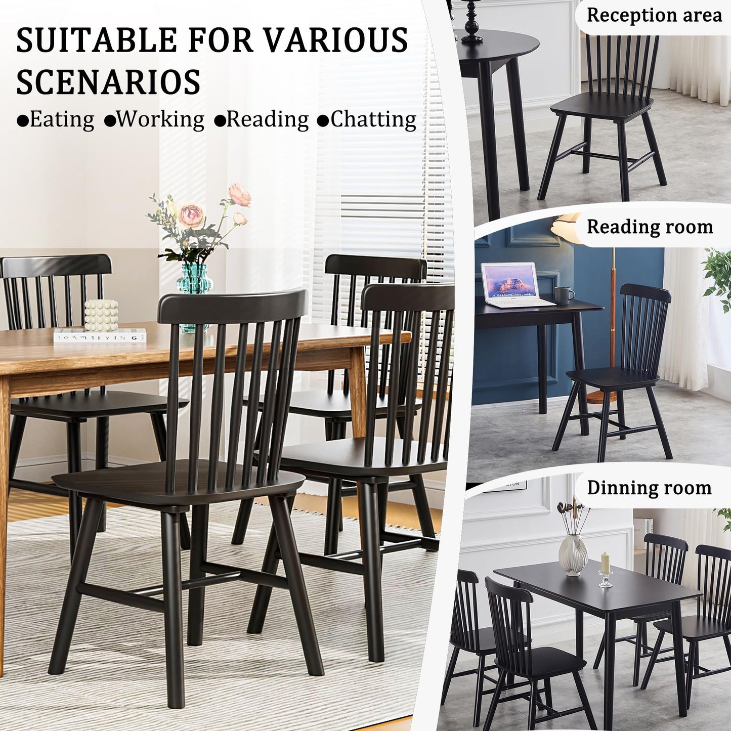 Saylike Dining Chairs Set of 4, Farmhouse Solid Wood Windsor Kitchen Chairs Set with Spindle Back for Restaurant Dining Room (4, Black, 17.3" W x 16.1" D x 34.6" H) - WoodArtSupply