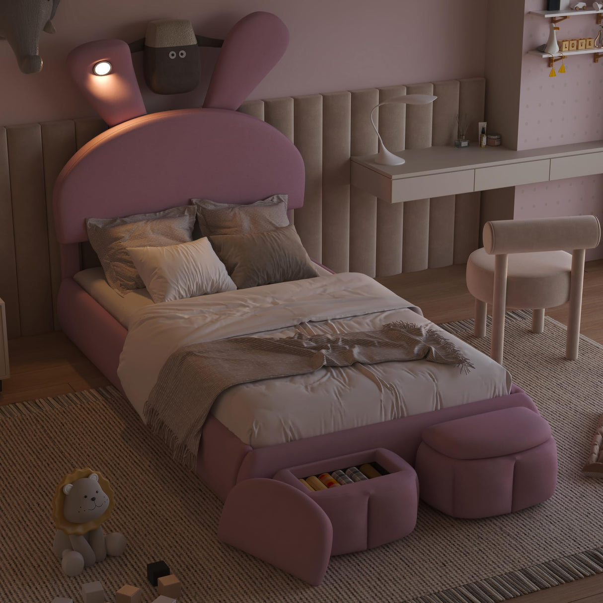 Merax Twin Size Upholstered Platform Bed with 2 Small Storage Stools Cartoon Ears Shaped Headboard and Light, Pink Merax