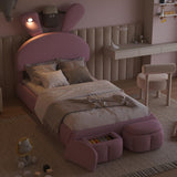Merax Twin Size Upholstered Platform Bed with 2 Small Storage Stools Cartoon Ears Shaped Headboard and Light, Pink Merax