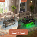 Besiost Coffee Table, Lift Top Coffee Table with Storage, LED Light & Power Outlet and Hidden Compartment, Retro Center Table for Living Room, X Support Wood Tabletop, Metal Frame, Black Oak Besiost