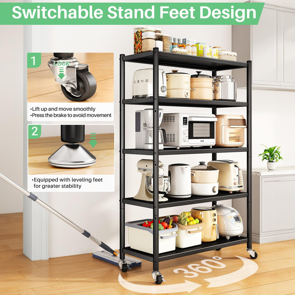Metal Shelving for Storage, 5 Tier Adjustable Kitchen Storage Shelves with Wheels, Shelving Unit Bookshelf Utility Shelf Metal Storage Rack for Garage Pantry Closet Laundry, 35.8"x13"x59.65" PXRACK