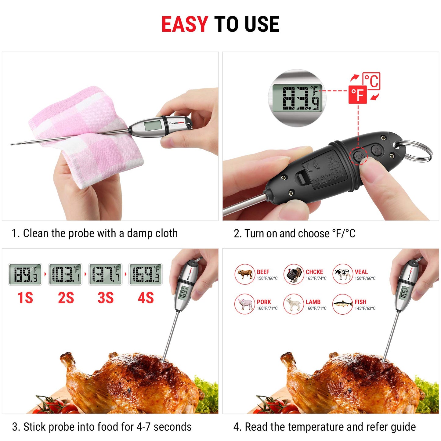 ThermoPro TP-02S Instant Read Meat Thermometer Digital Cooking Food Thermometer with Super Long Probe for Grill Candy Kitchen BBQ Smoker Oven Oil Milk Yogurt Temperature