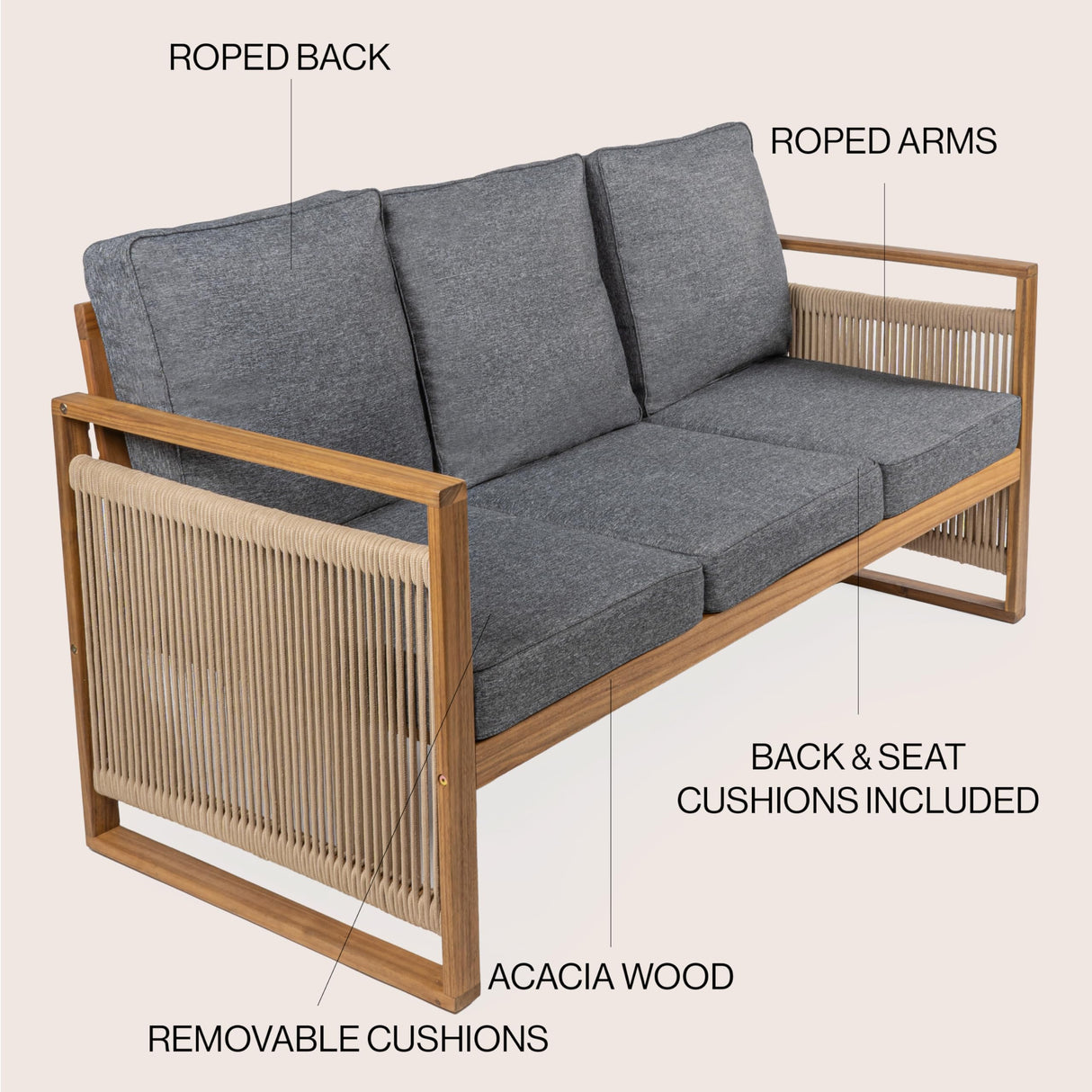 JONATHAN Y SFB1002B Gable 3-Seat Mid-Century Modern Roped Acacia Wood Outdoor Sofa with Cushions Scandinavian, Classic, Transitional, Industrial for Backyard, Patio, Porch, Gray/Teak Brown JONATHAN Y