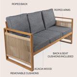 JONATHAN Y SFB1002B Gable 3-Seat Mid-Century Modern Roped Acacia Wood Outdoor Sofa with Cushions Scandinavian, Classic, Transitional, Industrial for Backyard, Patio, Porch, Gray/Teak Brown JONATHAN Y