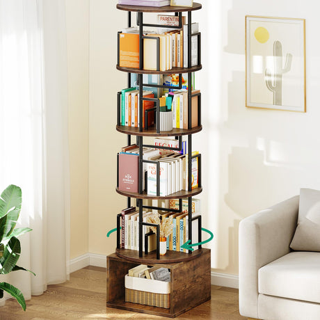 Kalrin 5 Tier Rotating Bookshelf with Extra Storage Cabinet, 360°Spinning Corner Bookshelf, Floor Standing Bookcase for Kids & Adult, Narrow Book Shelf for Bedroom Living Room, Vintage Brown Kalrin