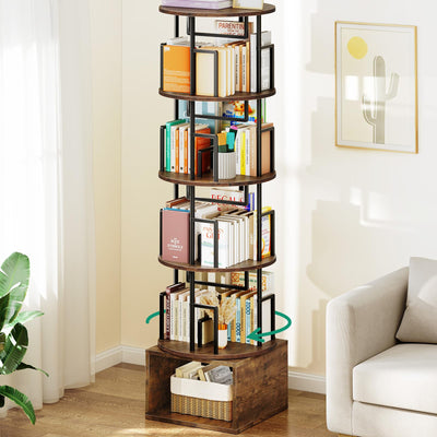 Kalrin 5 Tier Rotating Bookshelf with Extra Storage Cabinet, 360°Spinning Corner Bookshelf, Floor Standing Bookcase for Kids & Adult, Narrow Book Shelf for Bedroom Living Room, Vintage Brown
