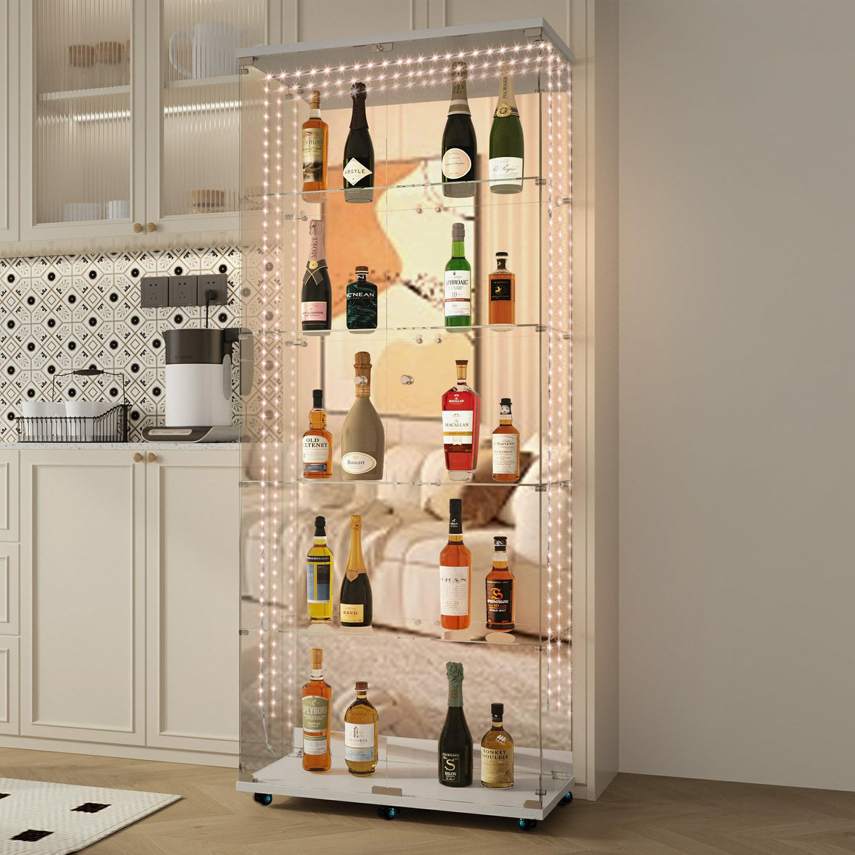 Mcltopz 5 Shelves Glass Display Cabinet with Bluetooth LED Light Strip, 2-Door Floor Standing Curio Cabinet with Universal Wheel&Lock&Mirror Back Panel, White Glass Bookshelf for Collections, Wood Top Mcltopz