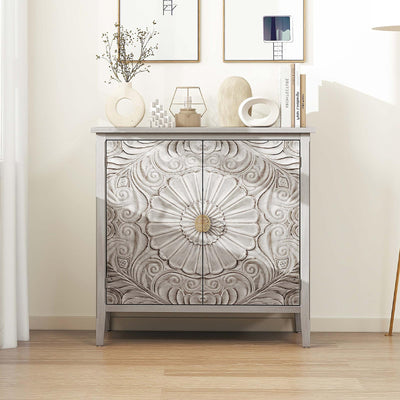 YHAOWORKS Vintage Accent Cabinet with Doors - Rustic Carved Wood Sideboard Buffet Cabinet with Storage, Farmhouse 2 Door Cabinet, Modern Credenza for Living Room, Dining Room, Bedroom (White Grey)