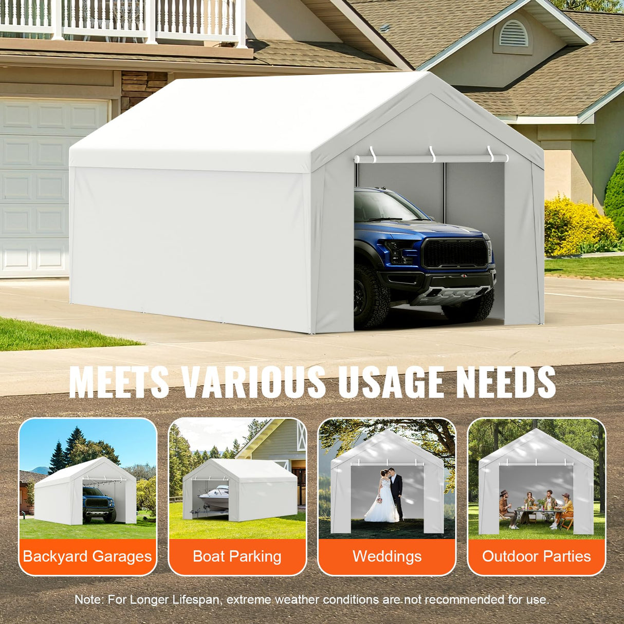 VEVOR Carport Replacement Canopy Top Cover + Sidewall 10 x 20 ft, Garage Tent Shelter Tarp Heavy-Duty Waterproof & UV Protected, Easy Installation with Ball Bungees,White (Frame Not Included) VEVOR