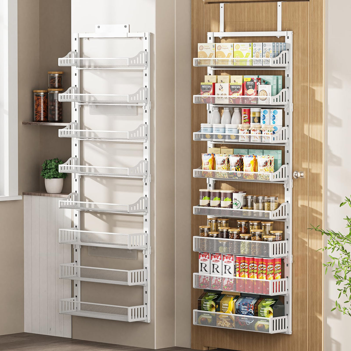 Over the Door Pantry Organizer 8-Tier, Large Metal Door Spice Rack with Adjustable Basket, 2 in 1 Wall Mount or Hanging Heavy-Duty Pantry Door Storage Shelf for Kitchen and Bathroom, White POKIPO