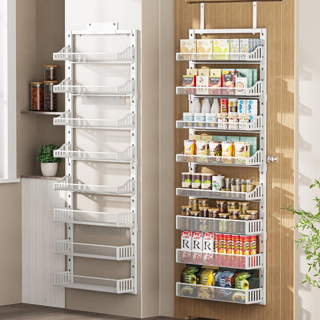 Over the Door Pantry Organizer 8-Tier, Large Metal Door Spice Rack with Adjustable Basket, 2 in 1 Wall Mount or Hanging Heavy-Duty Pantry Door Storage Shelf for Kitchen and Bathroom, White POKIPO