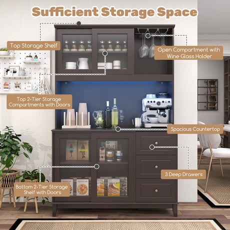 Giantex 73" Kitchen Pantry Storage Cabinet, Hutch Cabinet with LED Lights & Power Outlet, Kitchen Buffet Cabinet w/Wine Glass Racks, Countertop, Adjustable Shelves, Drawers for Dining Room (Espresso) Giantex