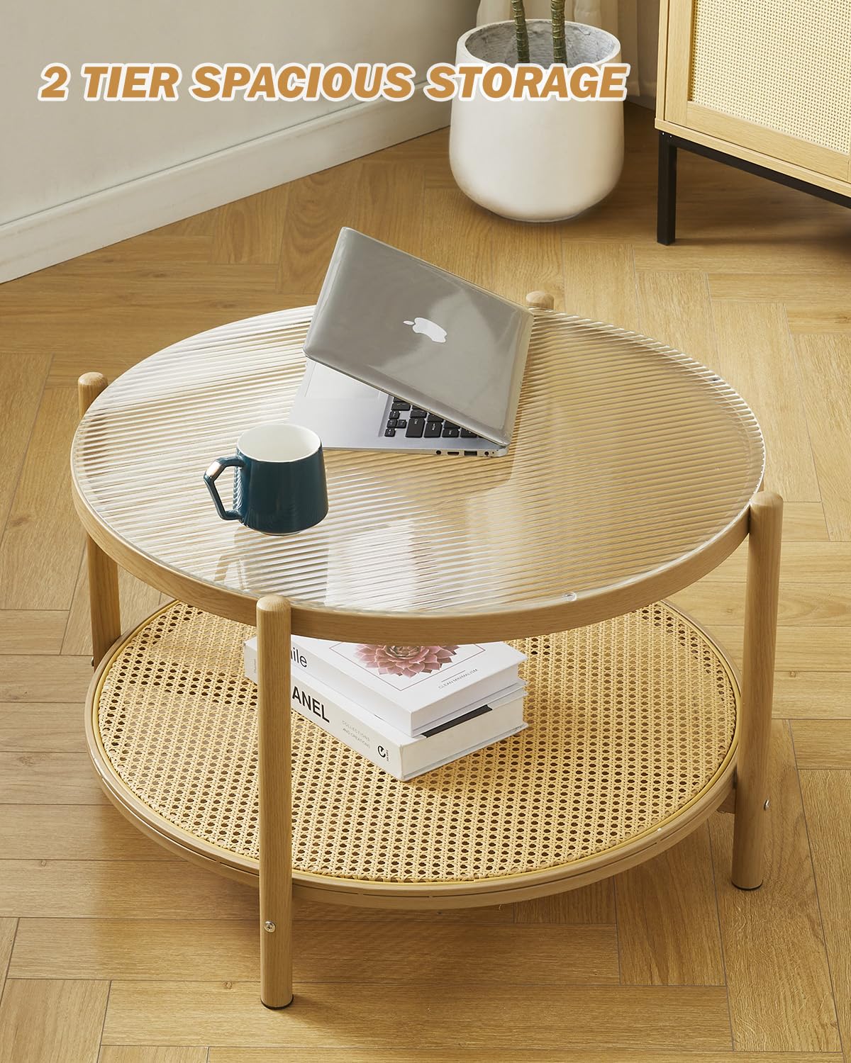 COSVALVE 27.5" Boho Rattan Coffee Table, Round Glass Metal Center Table, Modern Simple 2 Tier Middle Table for Small Space Living Room Bedroom Office Meeting Room COSVALVE
