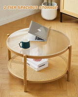 COSVALVE 27.5" Boho Rattan Coffee Table, Round Glass Metal Center Table, Modern Simple 2 Tier Middle Table for Small Space Living Room Bedroom Office Meeting Room COSVALVE