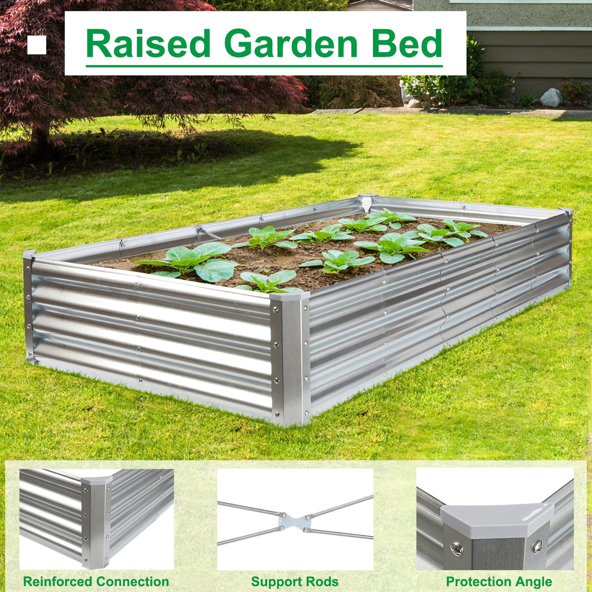 JERIA 6×3×1ft Raised Garden Bed with Support Rods,Galvanized Raised Garden Bed Kit Outdoor Metal Gardening Planter Box for Vegetable, Fruits, Flower JERIA