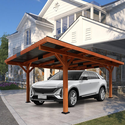 Beneouya 18.3 x 12.6 x 7 FT Heavy Duty Wooden Carport Pavilion Gazebo with Hard Top Steel Roof, Patio Gazebo for Parking Car, Boats on Patio, Garden, Lawn