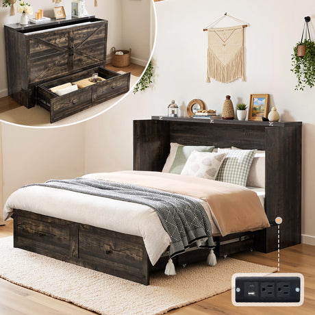 LUXOAK Full Murphy Bed with Storage and Charging Station, Farmhouse Cabinet Bed, Noise-Free, for Guest Room, Apartment, or Office, Black Oak LUXOAK