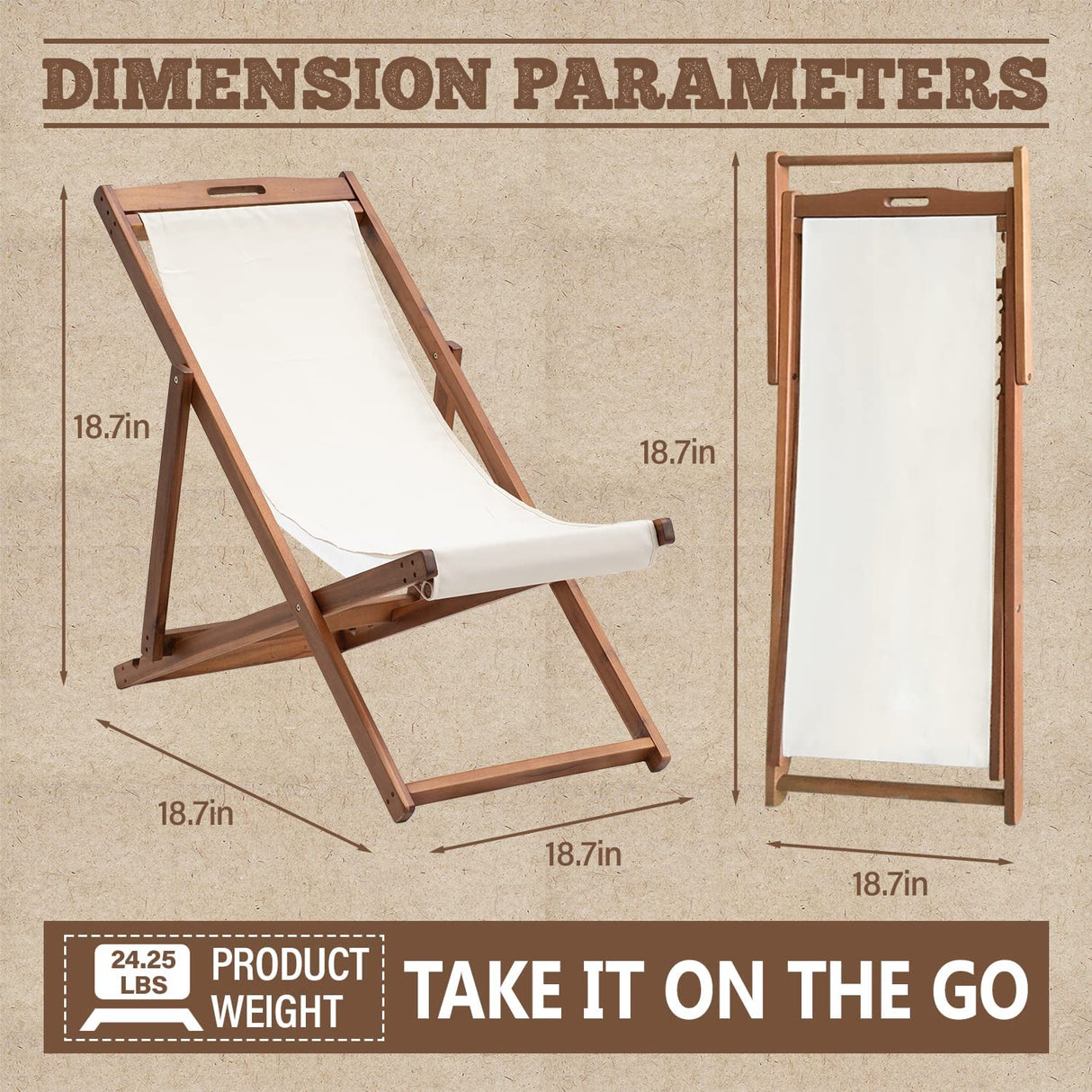 Dlewmsyic Folding Sling Chairs for Outside Set of 2, Folding Beach Lounge Chair Eucalyptus Wood Frame Patio Chair, 3-Stage Adjustable Reclining Tanning Chair (Khaki) Dlewmsyic